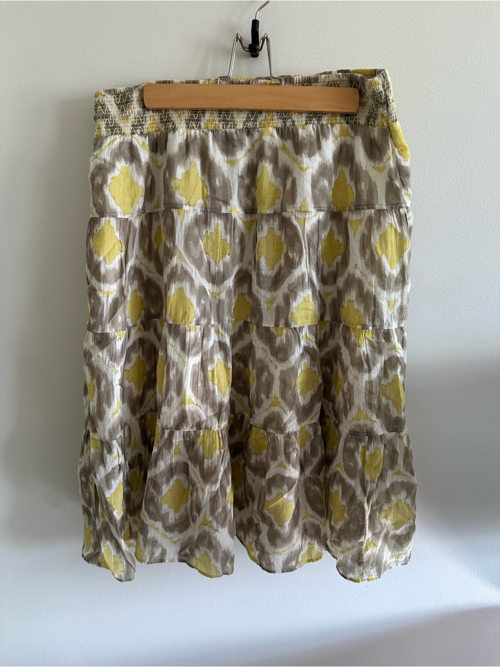 Yellow and Taupe Tiered Cotton A-Line Midi Skirt